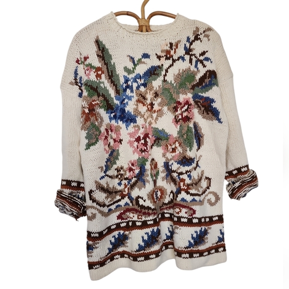 Vintage Heirloom Collections Creme And floral Chunky knit sweater | Sz Medium - Picture 3 of 9